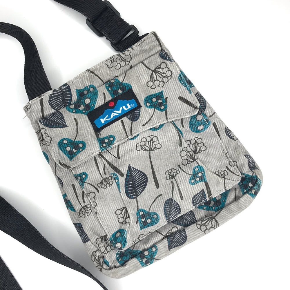 KAVU Winter Leaves Mini Keeper Crossbody Bag Turquoise Gray Adjustable Strap